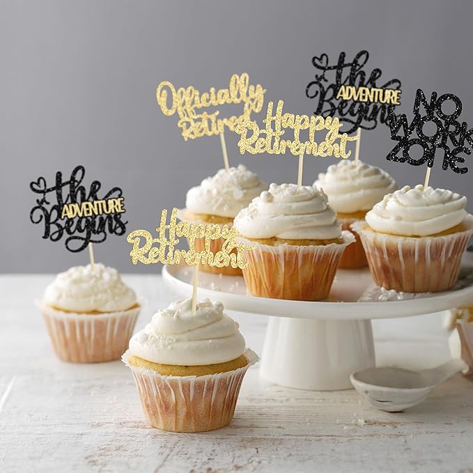 24Pcs Happy Retirement Cupcake Toppers Officially Retired Cake Toppers No Work Zone Adventure Begins Cupcake Picks Retirement Theme Farewell Birthday Party Decorations Supplies Black Gold