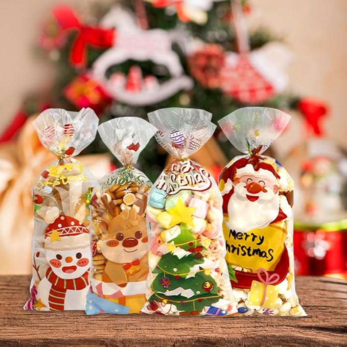 100 PCS Christmas Cellophane Treat Bags(5x11 Inch) with Tie, Plastic Christmas Bags for Candy Goodie Goody Cookie Gift Wrap Xmas Santa Pouches Frozen Winter Holiday Party Favors Supplies Decorations