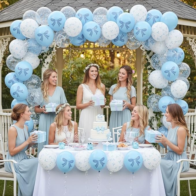 Blue and White Balloons Set, 12 Inch Light Baby Blue White Clear Bow Latex Balloon for Wedding Bridal Engagement Bachelorette Baby Boy Shower Winter Princess Birthday Theme Party Decorations Supplies