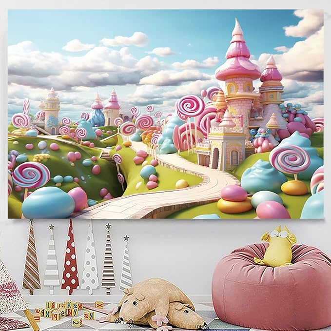 9x6ft Candyland Backdrop Fantasy Sweet Candy Castle Cream Photography Background Candyland Theme Boys Girls Birthday Party Decorations Banner Photo Studio Props