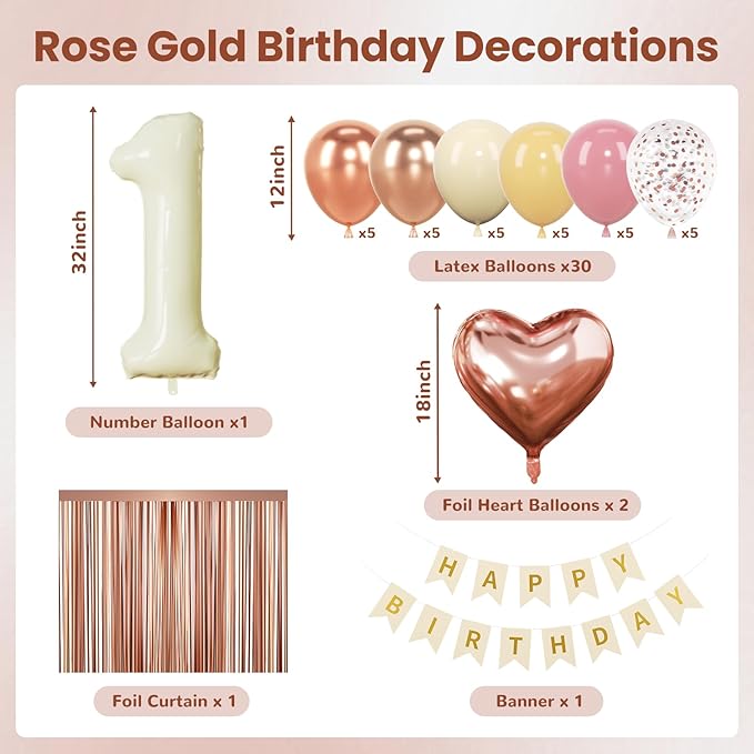 1st Birthday Decorations for Girl, Retro Sand White and Cream Balloon Garland Kit, Cream Number 1 Balloon, Pink Happy One Banner & Streamers, 1 Year Old Party Supplies