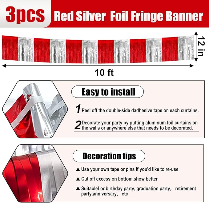 3 Pack 10 Feet Red Silver Foil Fringe Garland Metallic Tinsel Streamers Banner Wall Hanging Curtain Backdrop for Parade Floats, Christmas Day, Thanksgiving, Birthday Party Decorations