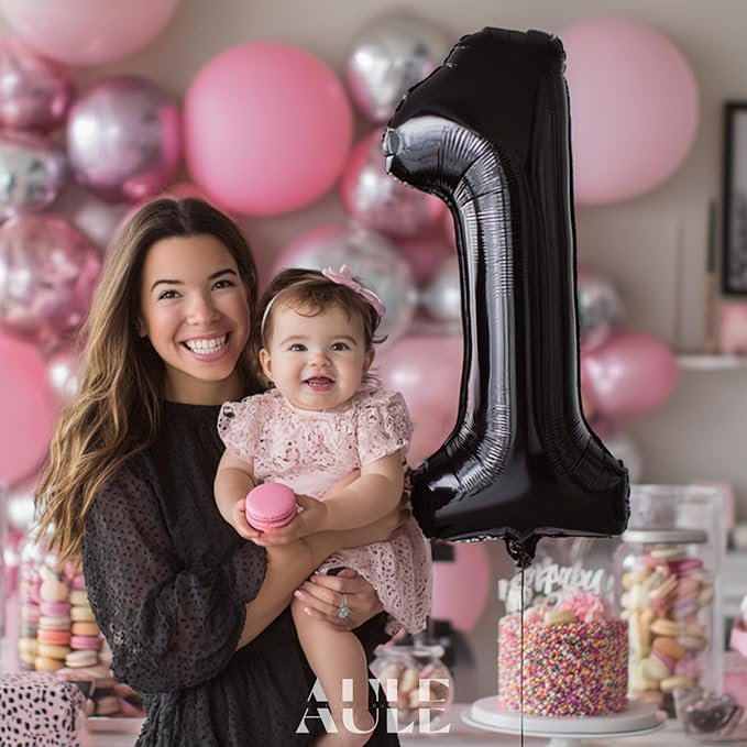 AULE 40 Inch Big Black 1 Balloon Number Large Foil Helium Number Balloons 0-9 Jumbo Giant Happy 1st Birthday Party Decorations for Boy or Girl Huge Mylar Anniversary Party Supplies