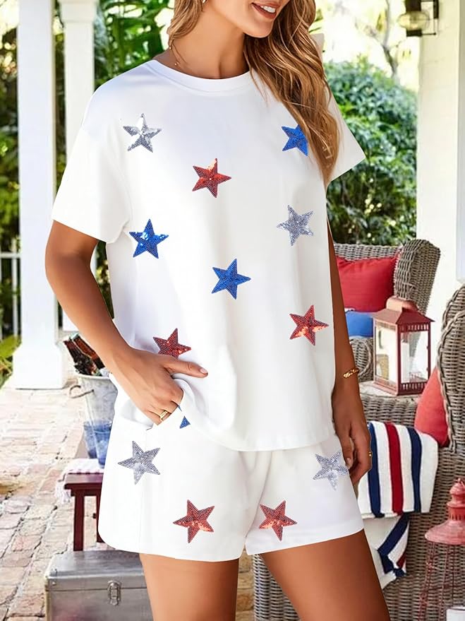 VILOVE 4th of July 2 Piece Sequin Outfits Women 250 Anniversary Usa Shirts and Short Sets Casual Patriotic Shirt Summer Set