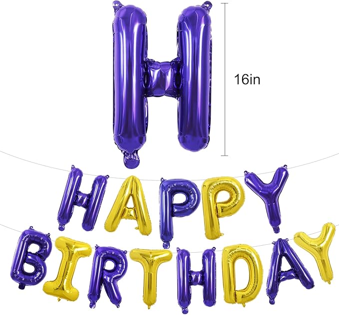 TONIFUL Happy Birthday Balloons with Ribbon Straw, 16 Inch Mylar Letters Birthday Sign Banner Bunting Reusable for Girls Boys Kids & Adults Party Decorations Supplies（Purple Gold）