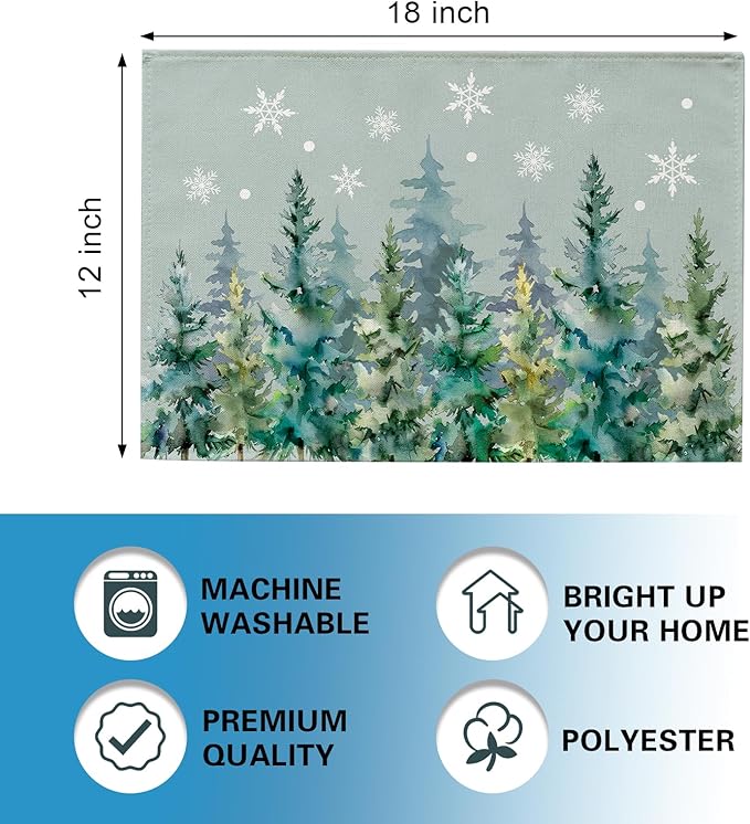 Winter Pine Tree Placemats Set of 4, Watercolor Forest Snowflake Dining Place Mats Table Decor, Christmas Woodland Seasonal Home Kitchen Decoration 12 x 18 Inches