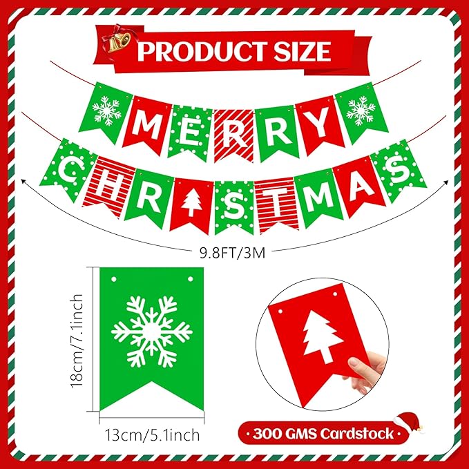 Pre-Strung Christmas Party Decorations – Merry Christmas Banner Indoor,Green Red Vintage Xmas Banner Decor Sign for Festive Holiday Home Party,Fireplace Mantel,Farmhouse,Wall,Window,Office