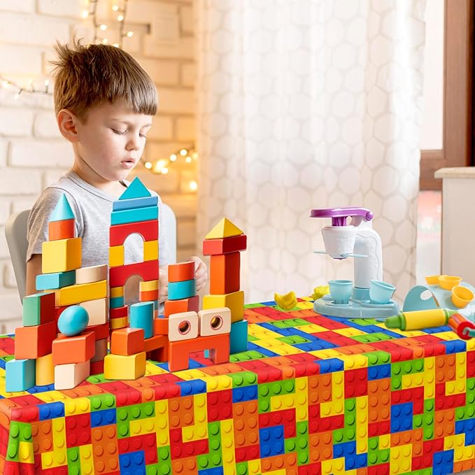 3pcs Building Block Tablecloths, Birthday Party Supplies Waterproof Plastic Colorful Blocks Bricks Table Cover for Building Block Party Decoration