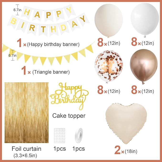 White Sand Gold Birthday Decorations,Happy Birthday Banner with Beige Cream Balloon Heart Foil Balloons Gold Fringe Curtain for Women Men Boho Baby Shower Party Decor