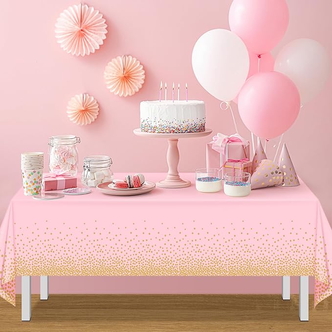 FunnyPars 4 Pack Pink and Gold Plastic Tablecloth for Parties, Pink Disposable Table Cloth for Rectangle Tables, Gold Dot Confetti Light Pink Tablecloth for Birthday Wedding Baby Shower Party, 54x108