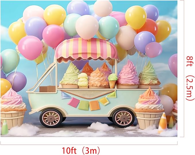 Kate 10x8ft Summer Ice Cream Car Backdrop for Photography Colorful Balloons Cake Smash Blue Sky Birthday Party Background for Kids Photo Props