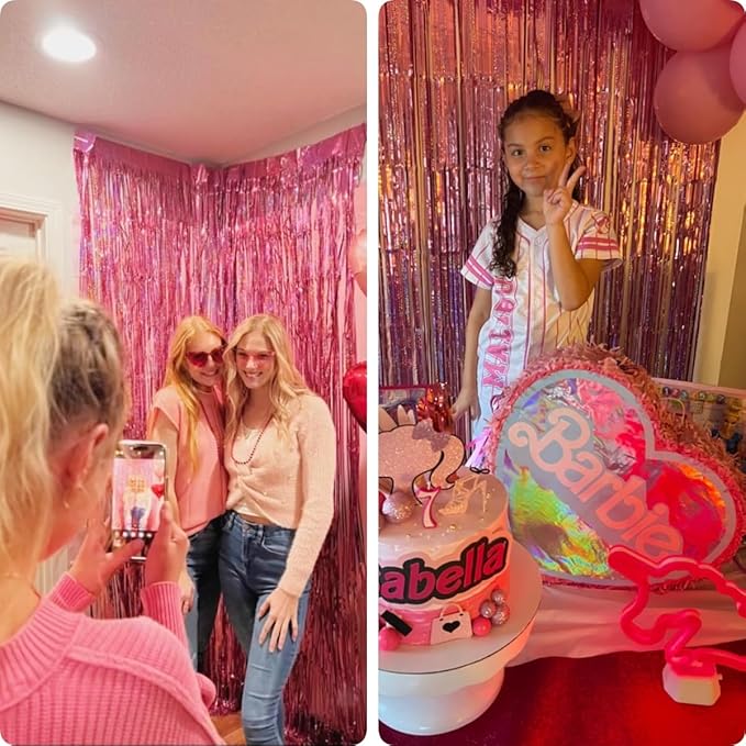 2 Pack 3.2ft x 8.3ft Foil Fringe Backdrop Metallic Tinsel Door Window Curtain Party Photo Booth Props for Birthday Bachelorette Wedding Graduation Party Decorations (Pink)
