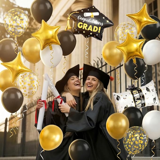 Black Gold Balloons Arch Kit, Black White Gold Balloon Arch with Grad Cap Star Graduation Certificate Foil Balloon, Golden Confetti Balloons for 2026 Graduation Decoration Birthday Anniversary Party