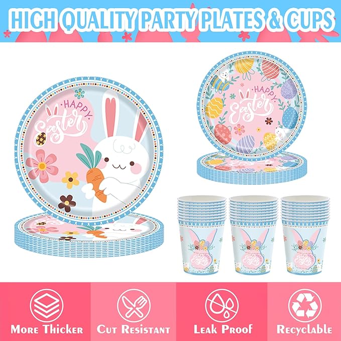 Easter Plates and Napkins Disposable Set – Easter Paper Plates and Napkins Sets with Cups, Forks & Tablecloth, Happy Easter Bunny Party Supplies, Easter Dinnerware Tableware, Serves 24 Guests