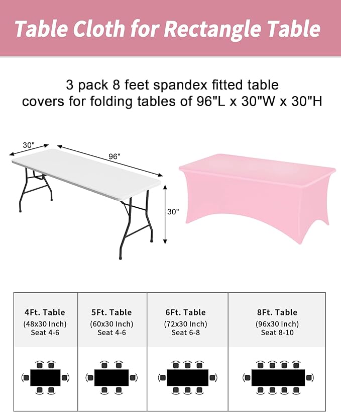 Fixwal 3 Pack Pink Table Cloths Rectangle 8FT, Tablecloths Rectangular Stretch Spandex Fitted Table Covers 8ft for Parties, Trade Shows, Banquet, Weddings, Buffet, Graduation