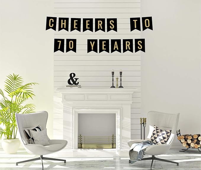 Andaz Press Faux Gold Glitter on Black Birthday Party Banner Decorations, Cheers to 70 Years, Approx 5-Feet, 1-Set, 70th Birthday Milestone Colored Hanging Pennant Decor