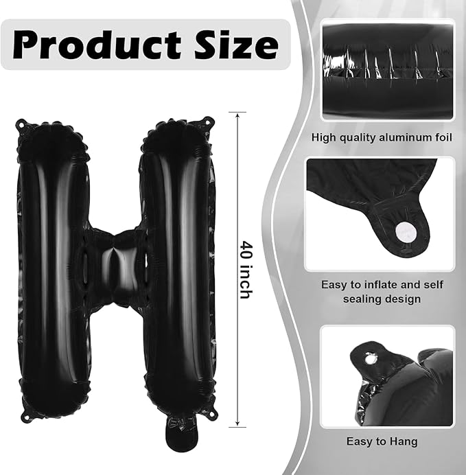 Black Letter H Balloons, 40 Inch Large Foil Letter Balloons, Custom Phrase Balloon for Birthday Party Wedding Anniversary Decoration (Black H)