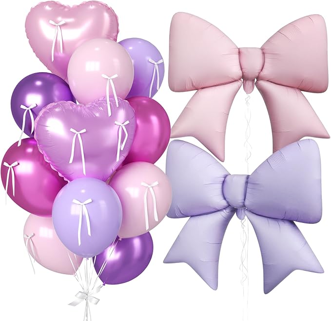 16Pcs Pink and Purple Heart Balloons, 38 Inch Bow Balloons, Metallic Pink Purple Latex Balloon Foil Balloon with Bow Ribbons for Girls Women Birthday Wedding Bridal Baby Shower Valentines Decorations