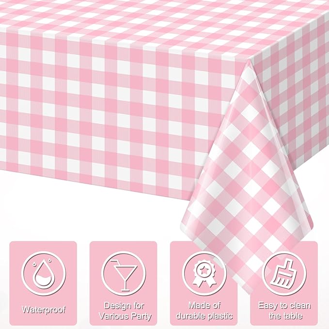 3pcs 54X108inch Pink Checkered Tablecloth,Pink Gingham Tablecloths Buffalo Plaid Disposable Plastic Table Covers for Birthday Baby Shower Bridal Wedding Party Birthday Decorations