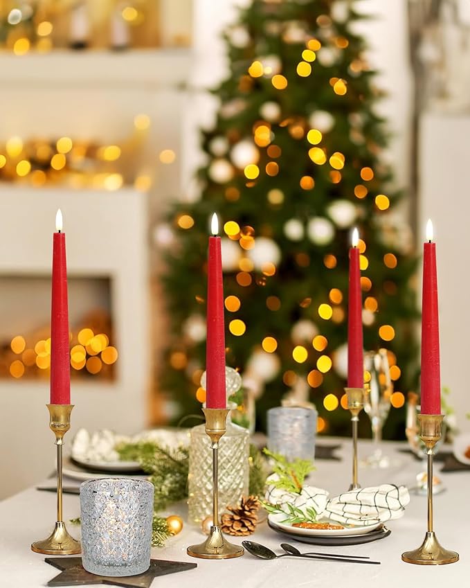 Red Real Wax LED Flameless Taper Candles with Remote and Timer, 9.65 Inch Flameless Candlesticks, Dripless Battery Operated Candles with 3D Flickering Flame - Set of 6