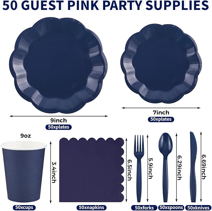 350 Pcs Navy Blue Plates and Napkins Set, 50 Guest Navy Blue Party Supplies Include Scalloped Plate Paper Napkin Cup Forks Knives Disposable Plastic Cutlery for Wedding Baby Shower Birthday Party
