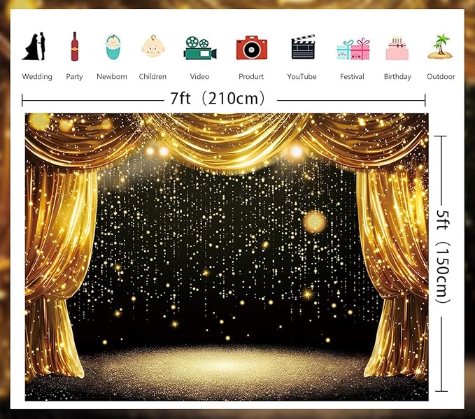 Black Gold Backdrop Black Gold Curtains Glitter Spots Theater Stage Photography Background Adults Kids VIP Carnival Graduation Prom New Year Birthday Party Decorations Banner Photo Props (7x5FT)