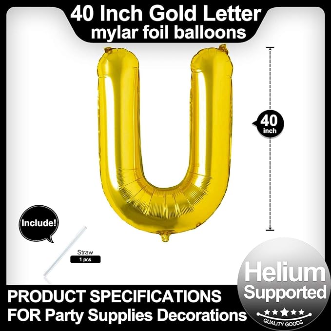 40 Inch Gold Letter U Balloons, DIY Phrase Foil Alphabet Letter U Balloons DIY Word U Banner for Birthday Anniversary Celebration Graduation Party Supplies Decoration