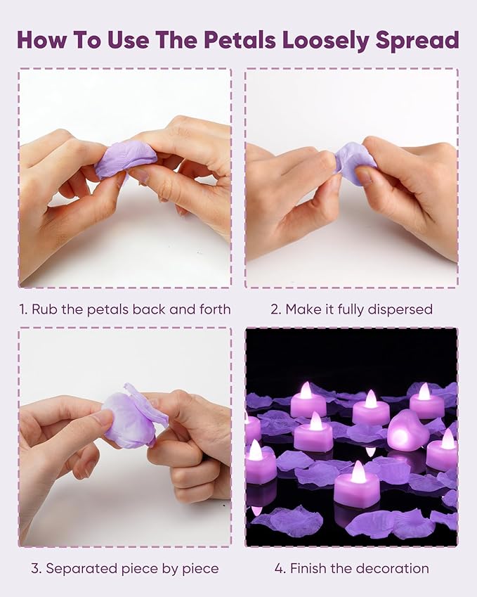 Amagic 1000 Pieces Light Purple Artificial Rose Petals with 12 Light Purple LED Tea Lights, Rose Petals and Candles Set for Proposal, Anniversary, Romantic Night, Wedding Decor