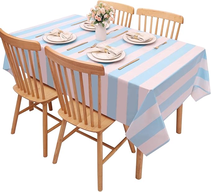 Kesfey 6 Packs Light Blue and White Striped Table Cloth 54 x 108 Inches Bluey Stripe Table Cover Disposable Plastic Beach Tablecloths Waterproof Rectangle Picnic Tablecover for Pool Birthday Party