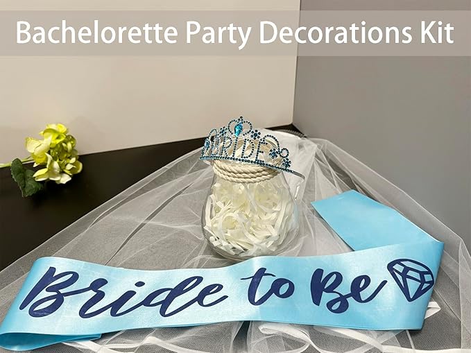 JETKONG 3 Pcs Bachelorette Party Decorations BRIDE Crown, Bride to Be Sash&Veil for Women Bachelorette Party Gifts, Bridal Shower Supplies, Gifts, Favors (Light Blue)