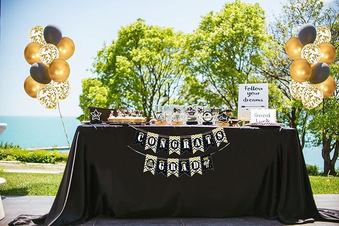 Gold Graduation Party Decorations - Balloons Graduation Decor Supplies with Table Scatter Centerpieces and Congrats Grad Banners for College Girls and School (Black + Gold)