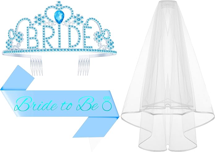 3Pcs Bride to Be Sash with Crown and Veil for Bachelorette Party Decorations，Bridal Shower Accessories for Gift, Favors