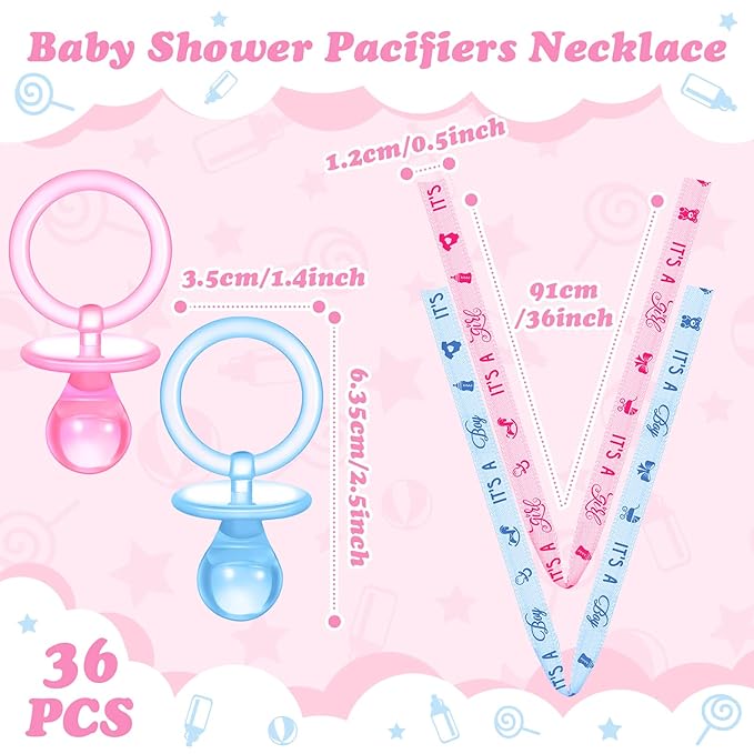 Coume 36 Pcs Shower Party Pacifiers Necklace Acrylic Pacifiers Charm Necklace for Shower Party Decorations Gender Reveal Table Scatter(Blue, Pink)