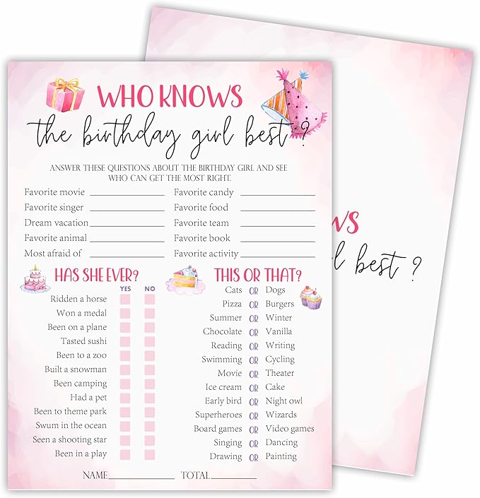 6"X8" Who Knows The Birthday Girl Best - Watercolor Pink Funny Double-Sided 3-in-1 Game Card Set For Birthday Party, Sleepover Party Activities & Supplies (20 Pcs)- A03