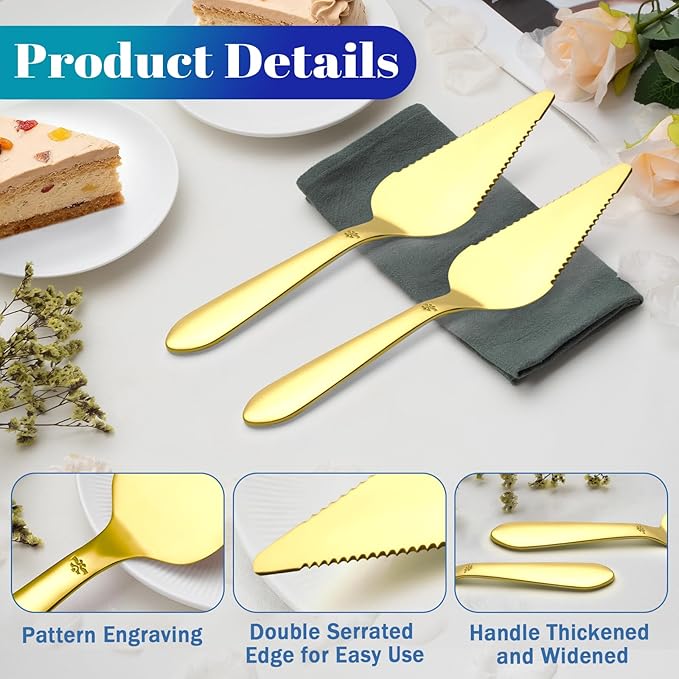 Cake Pie Server Set for Wedding, Elegant Pizza Slicer Server Set with Stainless Steel Big Serrated Edges, Cake Cutter Pie Spatula for Birthday Anniversary, 2 Pcs, Gold