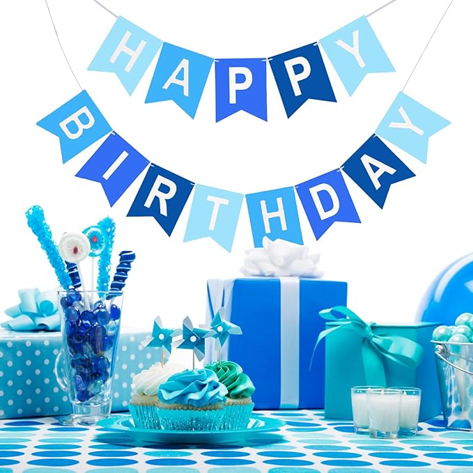 Happy Birthday Banner, Blue Colors Birthday Party Banner Assembled Garland Bunting Flags Women Men Girl Boy Party Hanging Decorations Indoor/Outdoor Supplies