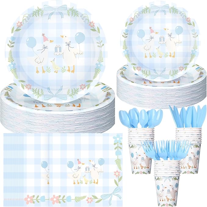 Havawish 175pcs One Silly Goose Birthday Party Tableware Set for 25 Guest Boy Blue Bow One Silly Goose Birthday Decor Baby Shower Plate Cup Napkin Fork Knife Spoon for 1st Party Decoration