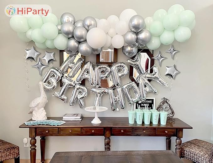 Silver Happy Birthday Balloon Banner, 16 Inch Mylar Foil Letter Birthday Balloons with 6pcs Star Balloons, Birthday Party Decorations for Kids Boys Men Adults Birthday Party Supplies