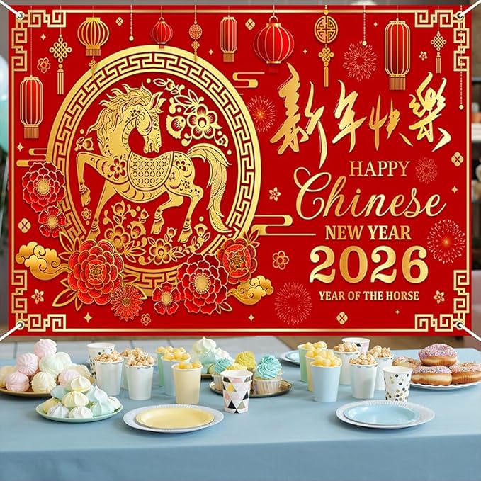 Mocsicka Chinese New Year Backdrop 2026 Lunar Horse Year Photography Background for Chinese Spring Festival Family Party Supplies (8x6ft)