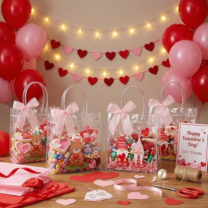 Henoyso 24 Pcs Valentines Clear Gift Bags Plastic Pink Candy Goodie Treat Bag Valentines Day Party PVC Totes with Handles Ribbon Galentines Day Party Favors, 7.8 x 7.8 x 3.1 Inches