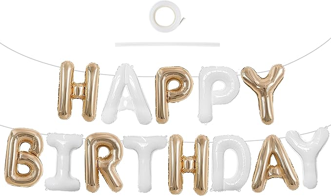 TONIFUL Happy Birthday Balloons Banner 16 Inch Mylar Foil Letters Birthday Sign Reusable for Girls Boys Kids & Adults Birthday Party Decorations Supplies（Champagne Gold White）