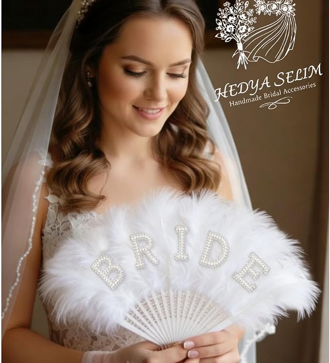 CUBACO Bride to be and Bridesmaid Hand Fan Foldable, Wedding Bachelorette Party Decorations and Bridal Shower Gifts White Feather Lace Fan Suitable for Engagement Bachelorette Outfit Bulk