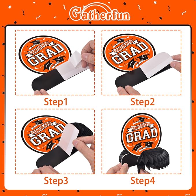 9PCS Graduation Party Decorations Class of 2026 Congrats Grad Table Centerpiece Congratulate Graduation Honeycomb Table Toppers for Graduation Party Supplies(Orange,Black）