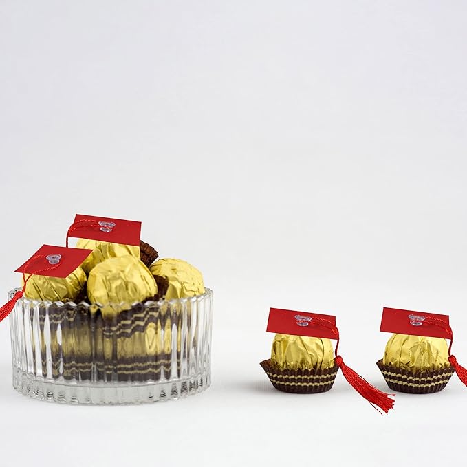 Gyufise 36Pcs 2026 Graduation Cap Cupcake Toppers with Tassel Adhesive Dots Chocolate Decorations Class of 2026 Congrats Grad Cap Cupcake Decorations for 2026 Graduation Theme Party Supplies Red