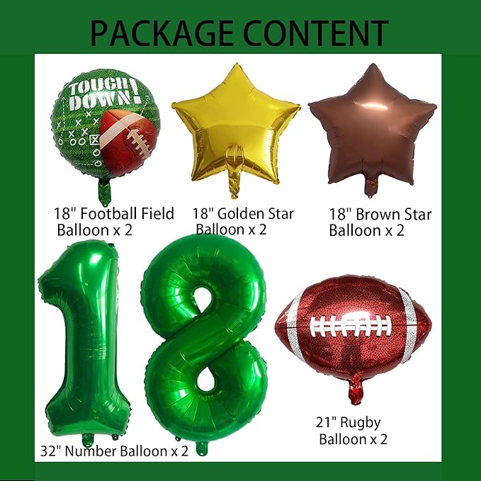Football Balloons Foil Football Birthday Decorations Balloons Green Number 18 Balloon Gold Brown Star Touchdown Ballons for Rugby Birthday Decorations Sports Ballons Arch Kits Party Balloon Sets 10pcs