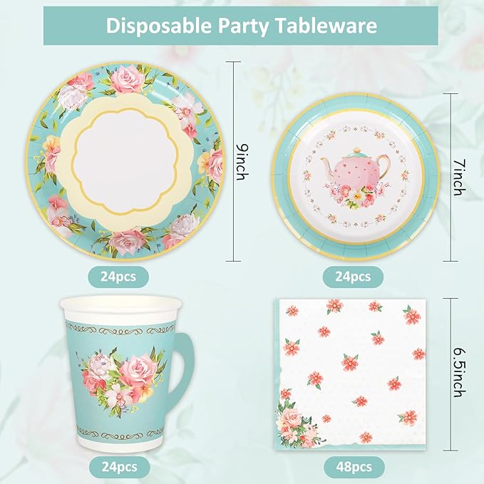 Whaline Tea Party Tableware Supplies Serves 24 Floral Tea Party Disposable Paper Dinnerware 24 9" Plates 24 7" Saucer Plate 24 9oz Tea Cups with Handle 48 Luncheon Napkins for Birthday Bridal Shower