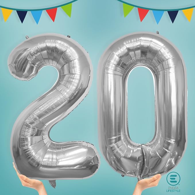 40 Inch Large Number Celebration and Decoration Balloon for Birthday Parties, Graduations, Anniversaries, Weddings, Photo Shoots, Special Events - Helium Foil Mylar (Silver Number 20)