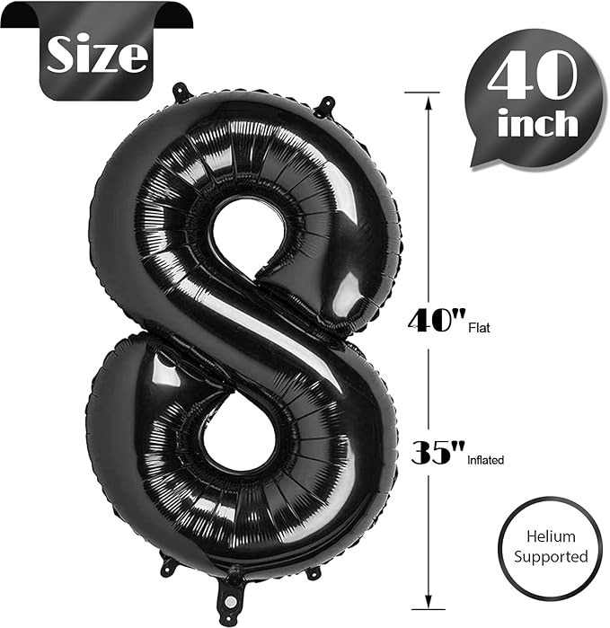 8 Black Number Balloons, 40 Inch Number Balloon, 8th Birthday Decorations - 8, 18, 28, 38, 80 Balloons