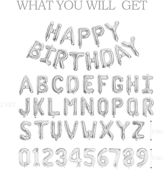 75pcs 16" Happy Birthday Balloon Banner, Silver Balloons Letters, Personalized Mylar Foil Birthday Decorations includes 2 Sets A- Z, 1 set Number 0-9 "HAPPY BIRTHDAY" letters