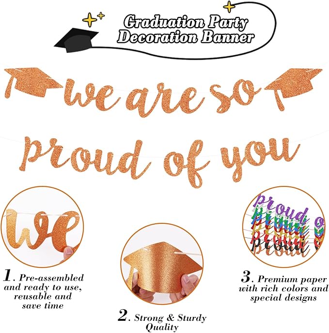 2026 Graduation Decorations Pre-Strung Blingbling We Are So Proud of You Banner Glitter Graduation Garland for Class of 2026 High School College Grad Party (Orange)